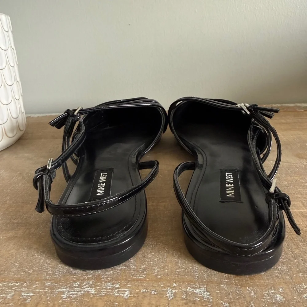 Nine West Black Patent Pointed Slingback Flats with Double Straps